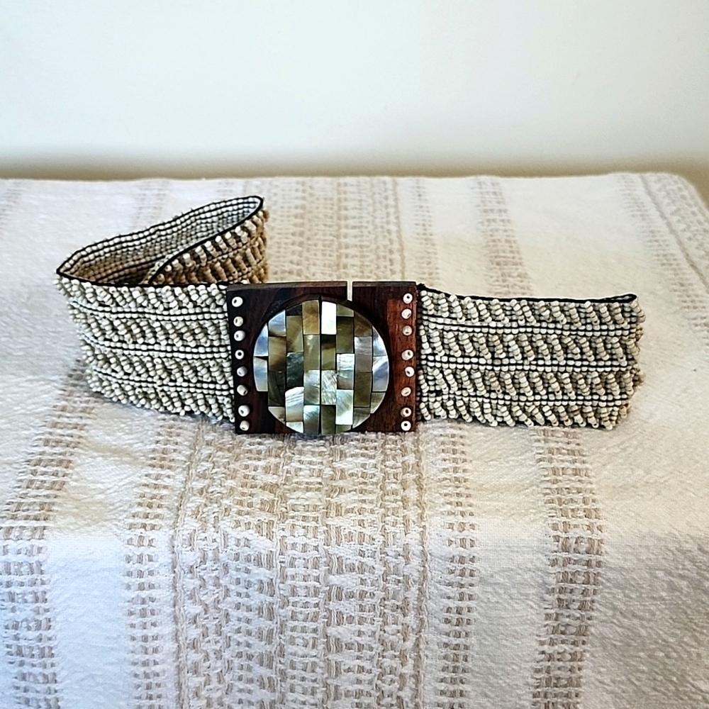 Womens belt, wooden latch design, seed bead with shell design, stretch belt boho